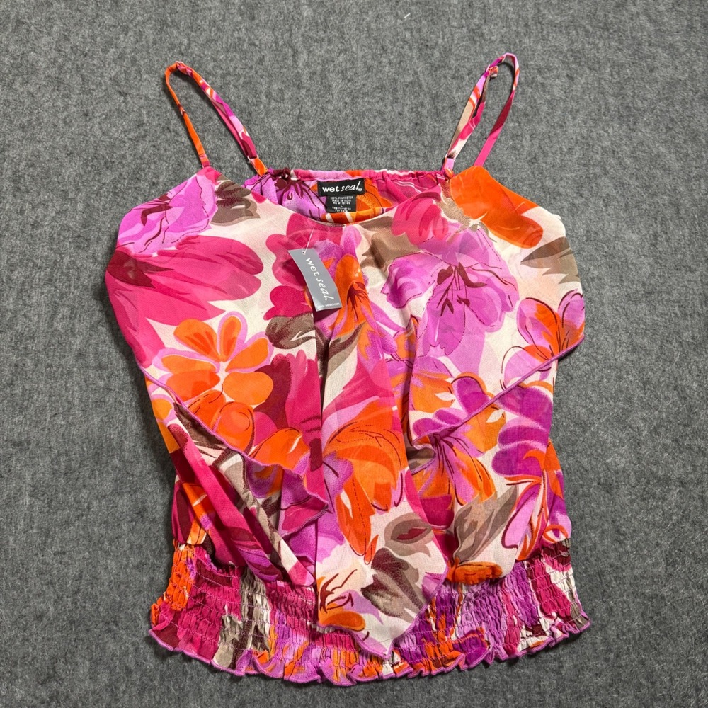 VTG Y2K Wet Seal Floral Chiffon Ruffle Cami Smocked Hem Tank Top Pink Large NEW